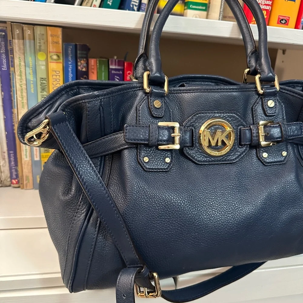 Michael Kors Navy Leather Satchel with Gold-Tone MK Emblem